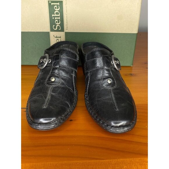 Josef Seibel Black Heeled Mule Size 37/6 Leather Slip-On Shoe With Silver Buckle